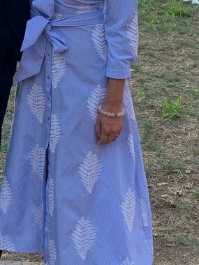 Posh Blue and White Striped & embroidered leaf dress